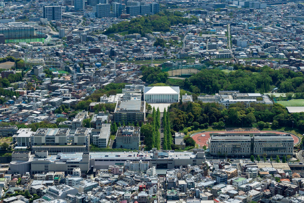図版:日吉駅から続く銀杏並木の突き当りに位置する日吉記念館