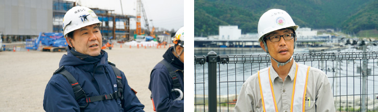 図版:IHI新拠点建設工事の沼尻昭所長(左)と,おながわまちづくりJVの深山直志所長