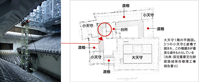 写真：台所裏手のわずかなすき間に建てられた細い仮設支柱