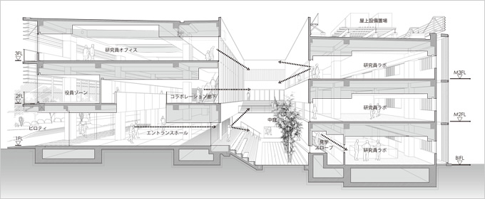 図版：中庭を囲み，スキップフロアにより回遊できる大きな一体空間となったデンカイノベーションセンター