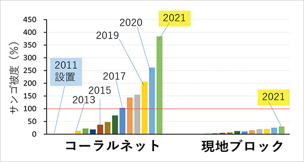 図版:那覇港でのコーラルネットと現地ブロックのサンゴ被度(基盤に占めるサンゴの割合)の比較