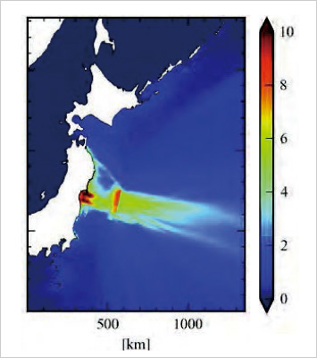 図版:東日本大震災の記録から津波伝播解析を用いた最高津波水位の計算例