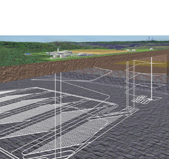 高レベル廃棄物処分場。地下300ｍ以深のトンネル群（NUMO公募関係資料「処分場の概要」に加筆）の図