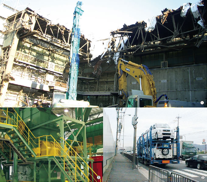 写真：環境振動発振源の例／①解体工事／②工場の破砕機／③交通振動