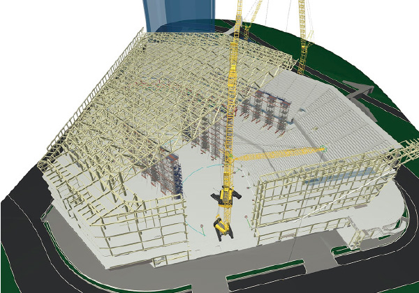 図版:BIMによる屋根トラス工事の進捗図。屋根は18本のトラス梁で構成される