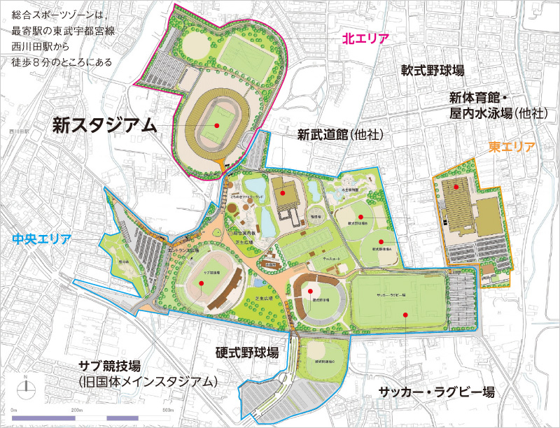 図版:当社は北エリアの新スタジアムの施工を担当している