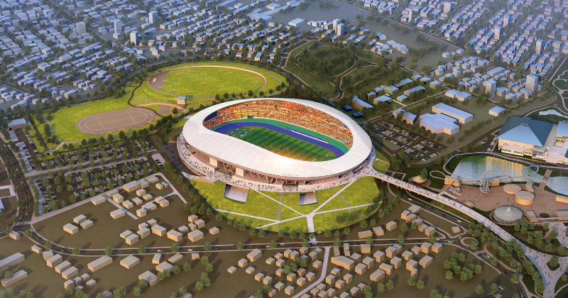 図版:南西上空からの栃木県総合スポーツゾーン新スタジアム完成予想図