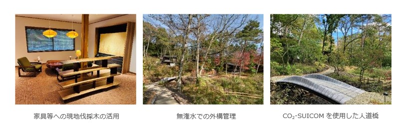 図版：家具等への現地伐採木の活用、無潅水での外構管理、CO2-SUICOMを使用した人道橋