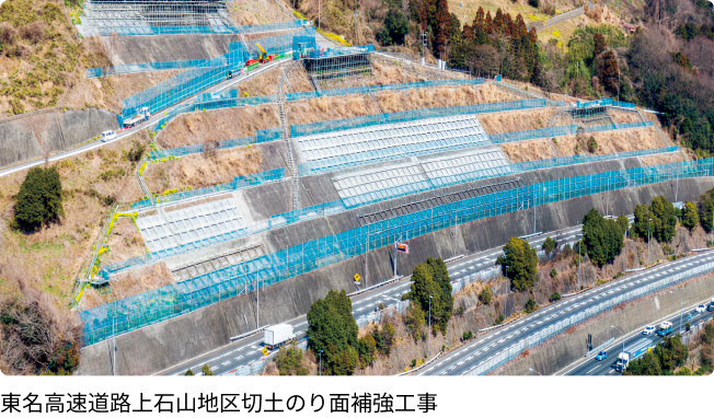 鹿島の光ファイバの実績 造成（のり面） 東名高速道路上石山地区切土のり面補強工事