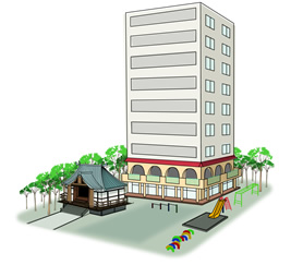 上層階:高齢者施設や共同住宅 下層階:保育園、幼稚園