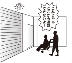 図版：防火シャッターのくぐり戸を通りにくい人がいる