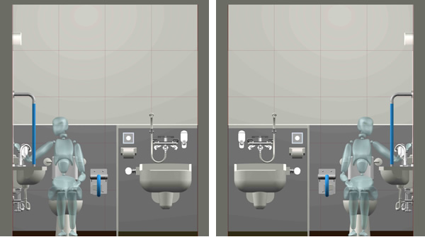図版：設備機器のレイアウトが左右対称のトイレを設置すれば、使いやす苦なる方が増えます。